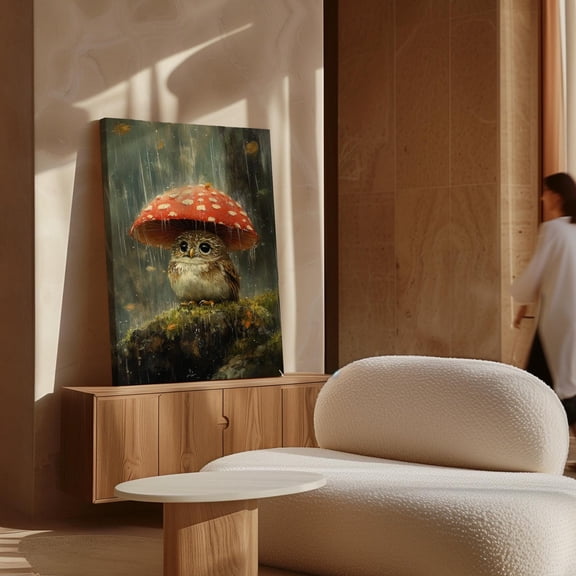 Adorable Owl Under Mushroom Art, Whimsical Rainy Day Forest Scene, Woodland Wildlife Wall Decor Wall Art, Modern Wall Decor, 8x12 UNFRAMED