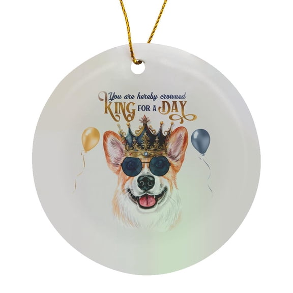 3drose, Adorable Pembroke Welsh Corgi Dog King for a Day in a Crown, Circle Porcelain Ornament