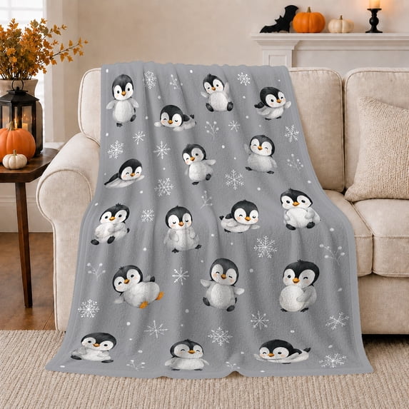 Adorable Penguin Snow Pattern Whimsical Winter, Festive Holiday Scene, Warm Flannel Blanket for Sunroom and Reading Nook, Art Lovers Housewarming Gift, Playful Home Decor