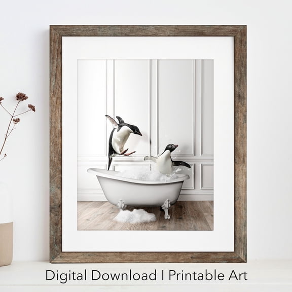Adorable Penguins In Tub Wall Art, Penguin Photo, Penguin Art, Bathroom Art Print, Wall Art, Modern Wall Decor, 12x18 UNFRAMED
