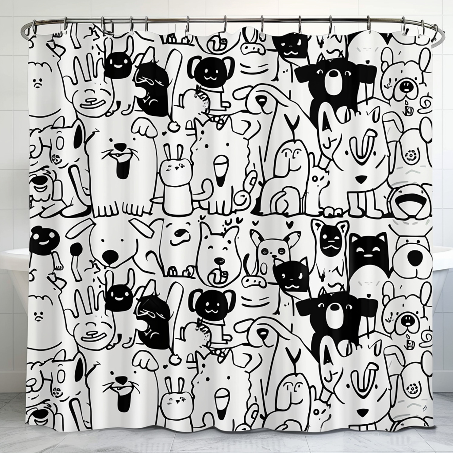 Adorable Pets Cartoon Shower Curtain Dogs Cats Puppies and Kittens