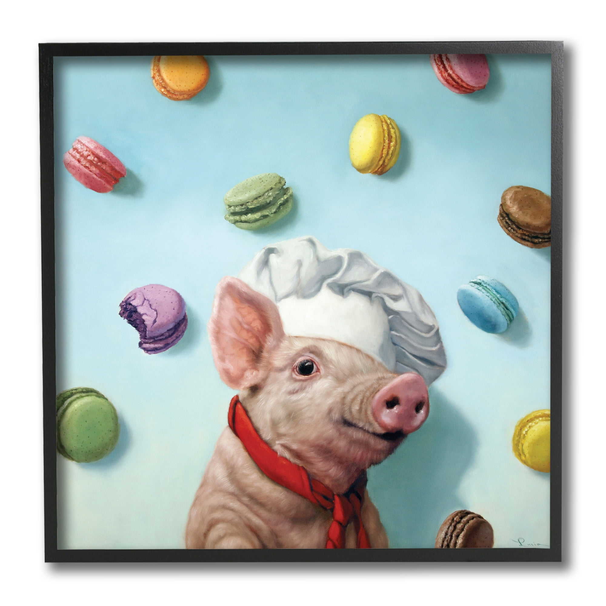 Adorable Pig Chef with Playful Macaron Pastries 12 in x 12 in Framed Painting Art Prints, by Stupell Home Décor