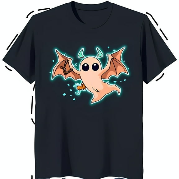 Adorable Pink Cartoon Ghost with Wings & Chain Glow Effect Black T-Shirt for Ghost Lovers