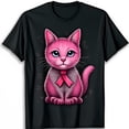 thumbnail image 1 of Adorable Pink Cat with Ribbon Cartoon Graphic on Black T-Shirt Cute & Stylish, 1 of 5