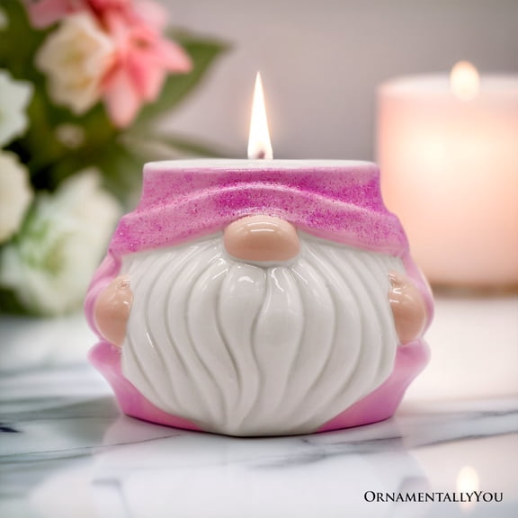 Adorable Pink Gnome Ceramic Candle, Holiday Home Decoration