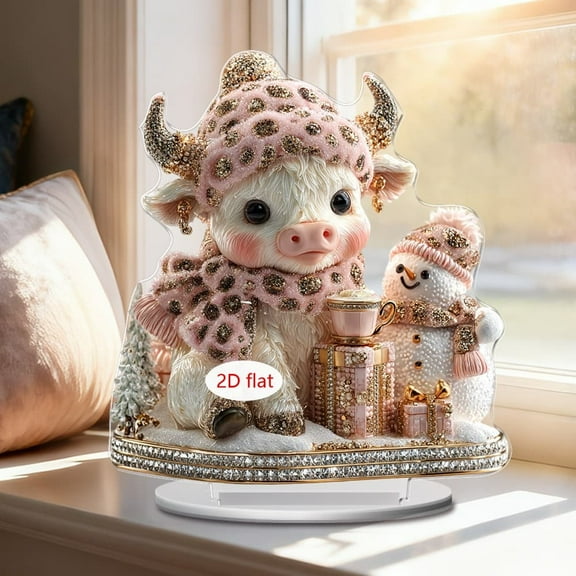 Adorable Pink Highland Cow Acrylic Ornament,Cute Desk and Shelf Decor,Whimsical Home and Office Decoration for Festive Seasons,Kawaii Style Gift for Animal Lovers,Charming Room Accent Piece