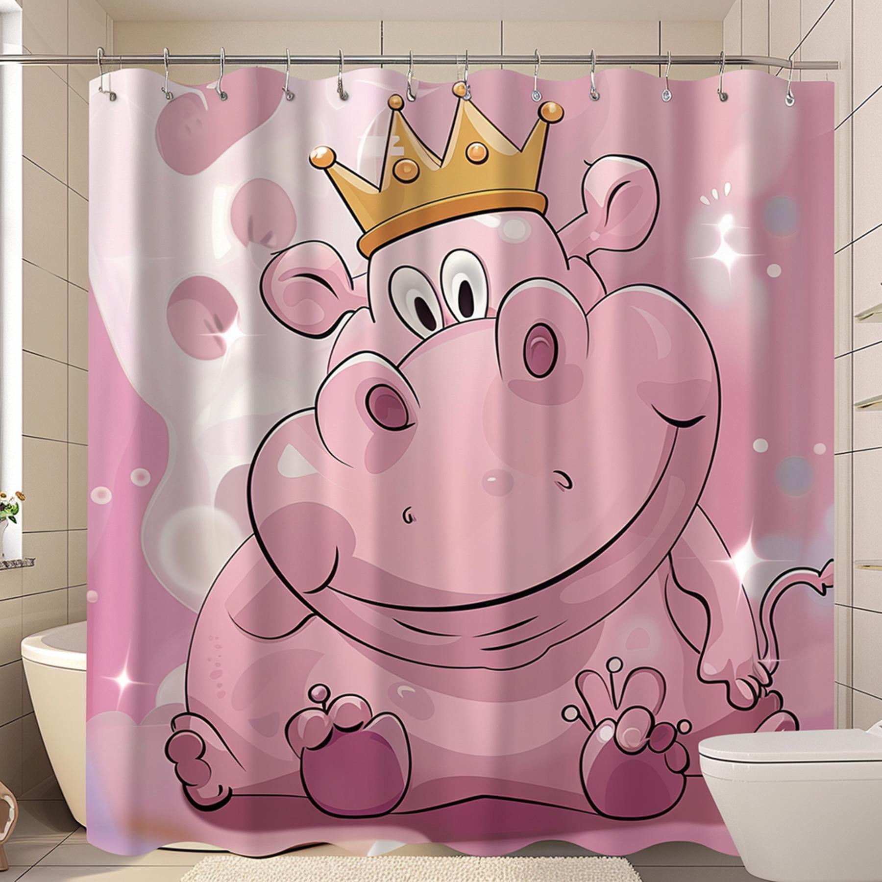 Adorable Pink Hippo Crown Bathroom Curtain Set High Definition Cartoon ...