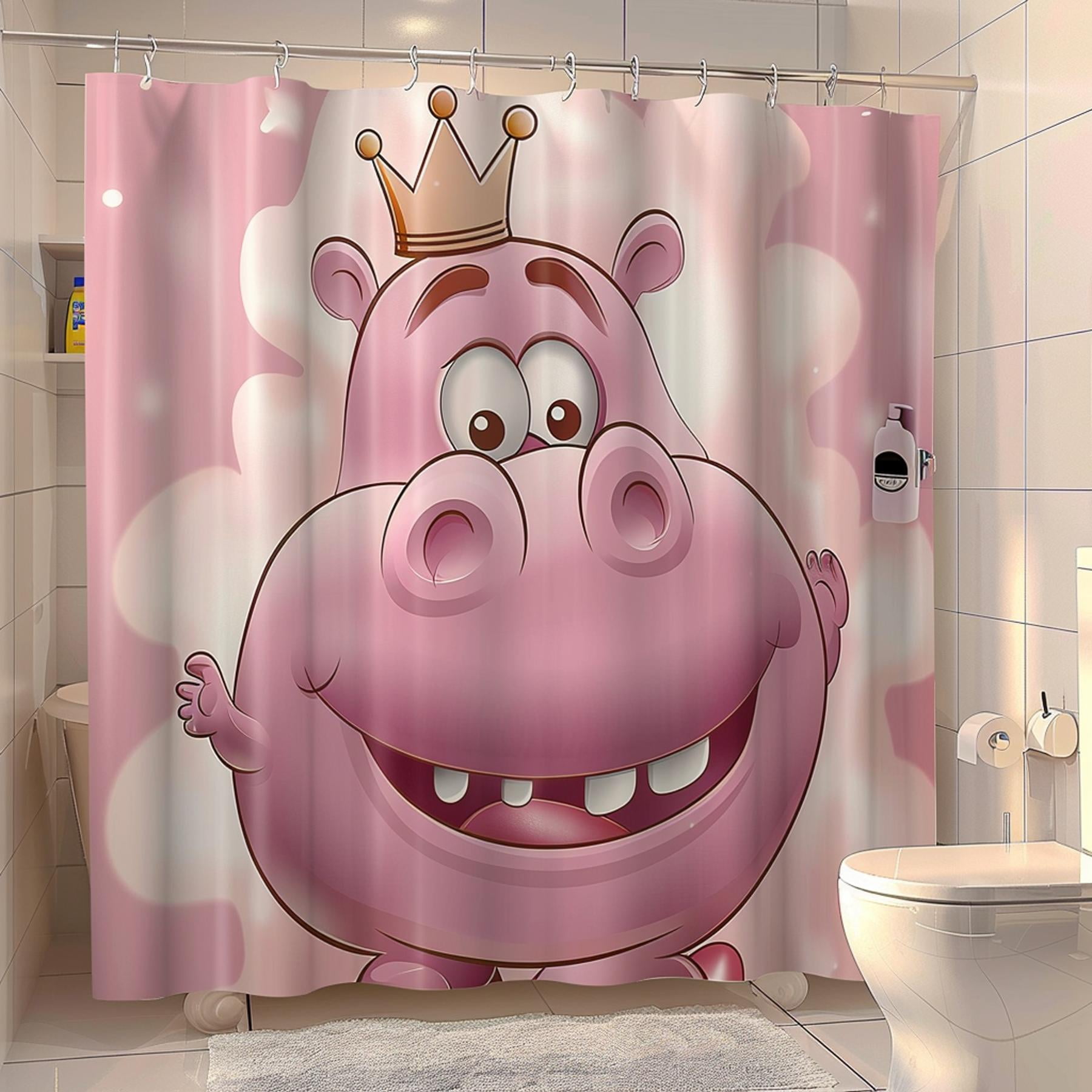 Adorable Pink Hippo Crown Cartoon Shower Curtain High Definition Cute ...