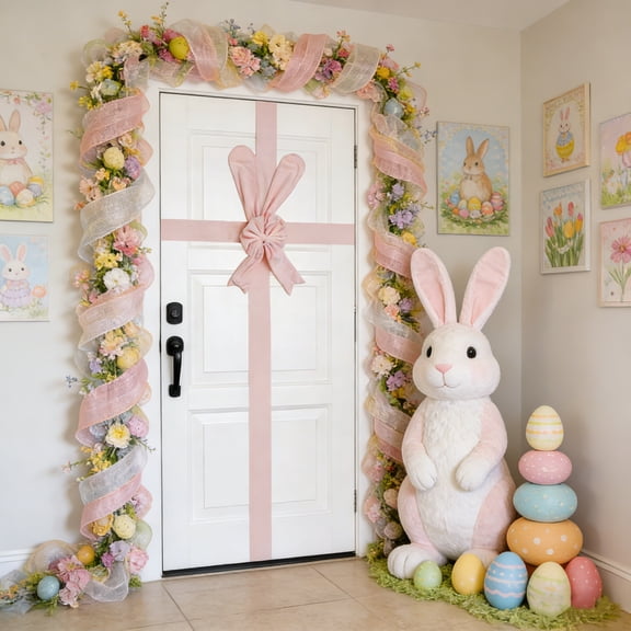 Adorable Plush Rabbit Ear Door Decoration with Cross-Shaped Bow - Easy Attach Easter Door Hanger for Festive Spring Welcome & Indoor Decor