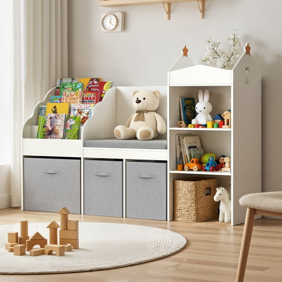 spanspace Kids Bookshelf with Reading Nook, 4 Cube Bookcase with 4-Tier Book Racks, 3 Movable Fabric Drawers and Seat Cushion, 60" Wide Toy Organizer for Bedroom, Playroom, White