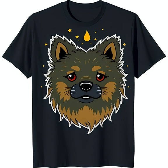 Adorable Pomeranian Graphic on Dark T-Shirt with Yellow Stars