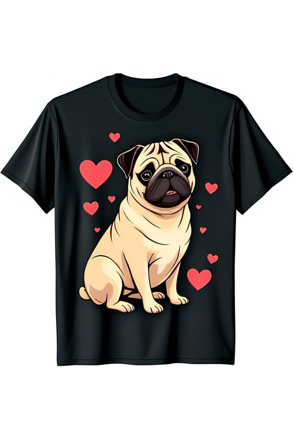 Adorable Pug Graphic T-Shirt with Hearts on Black Background for Dog Lovers
