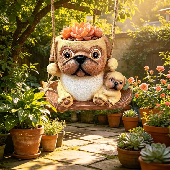Adorable Pug Hanging Planter, Durable Resin Dog Pot for Succulents, Perfect Indoor/Outdoor Decor and Gift for Dog Lovers Khaki