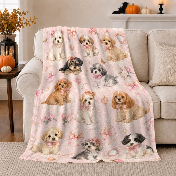 Adorable Puppy Dogs Pink Bows Hearts, Cozy Pet Portrait Pattern, Warm Flannel Blanket for Living Room and Bedroom, Dog Lovers Thanksgiving Gift, Pet Lover Home Decor