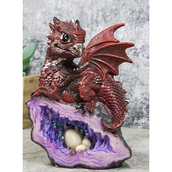 Adorable Quartzite Red Baby Dragon On Faux Geode Fossil Cove With Eggs Figurine
