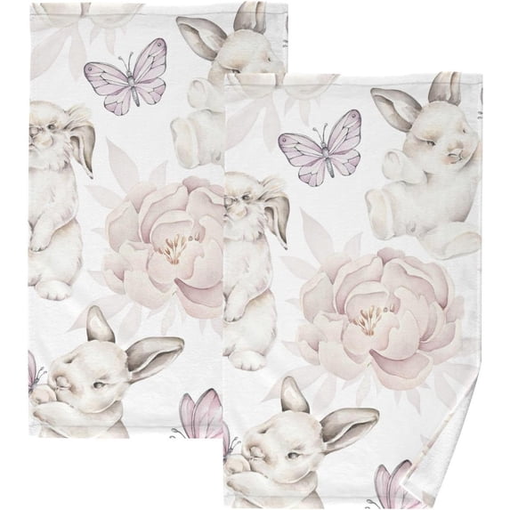 Adorable Rabbit Butterfly Patterned Hand Towels 2 PCS, Cotton Bath Towel for Drying Face Hands Body Decorative Water Absorbent Lightweight Towels for Bathroom Ktichen Travel Gym, 16"x28"