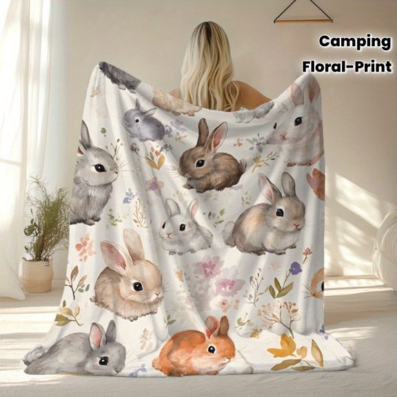 Adorable Rabbit & Floral Print Soft Flannel Blanket Warm Cozy and Lightweight for Camping Travel Home Office Decor All Season Versatile Throw Camping