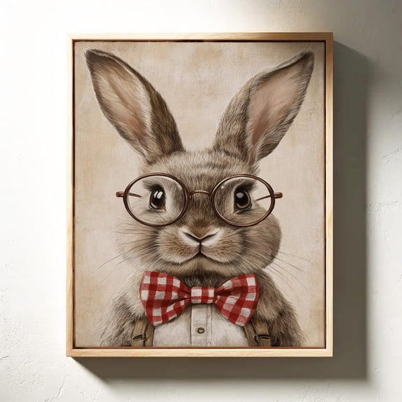 Adorable Rabbit Portrait With Glasses And Bow Tie - Vintage Style Animal Art - Whimsical Farmhouse Decor For Kids’ Rooms Wall Art, Modern Wall Decor, 8x12 UNFRAMED