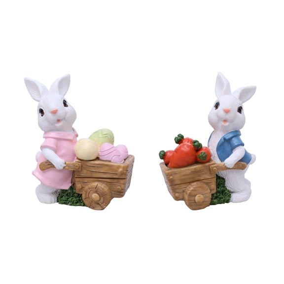 Adorable Rabbit Push Cart Garden Decor, Cute Bunny with Wheelbarrow Figurine, Outdoor Patio & Indoor Desk Decoration, Spring Easter Gift