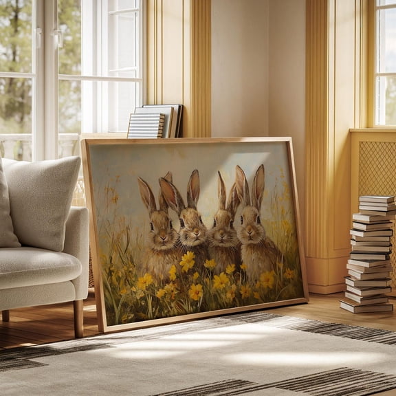 Adorable Rabbit Quartet In Yellow Wildflowers - Rustic Springtime Bunny Art - Perfect For Nature And Animal Lovers Decor Wall Art, Modern Wall Decor, 8x12 UNFRAMED