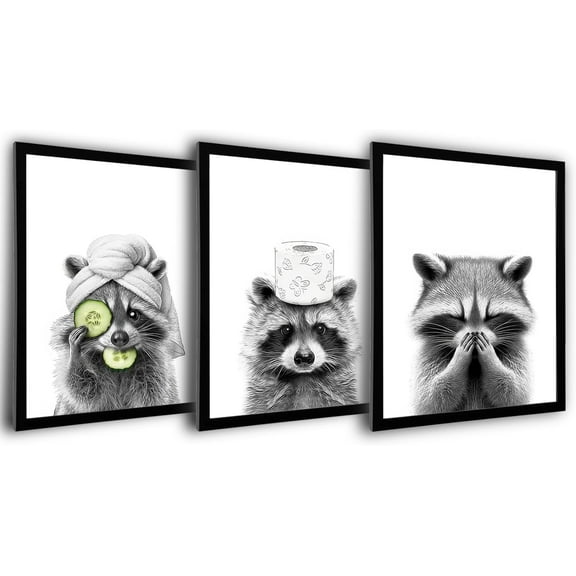 Adorable Raccoon Bathroom Canvas Wall Art Set of 3 Funny Bathroom Wall Decor Modern Black and White Animal Room Decor Cute Racoon Pictures Prints for Washroom Kid Room Nursery Home 16x12 In Framed