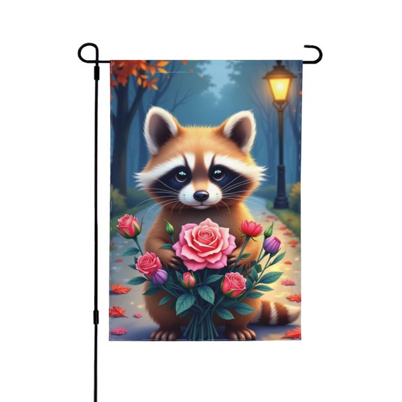 Adorable Raccoon Holding Flowers Garden Flag 12x18 Inch Double Sided – Cute Spring Summer Outdoor Yard Decoration For Porch, Lawn & Patio