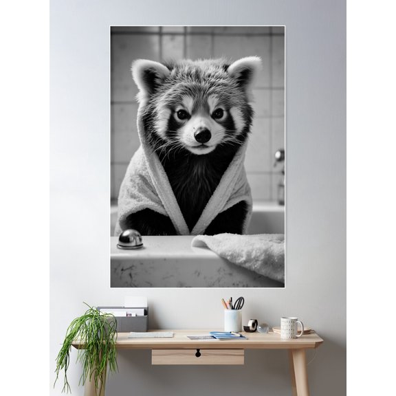 Adorable Red Panda In Bathrobe At Sink Poster Wall Art, Modern Wall Decor For Living Room Bedroom, 8x12 UNFRAMED