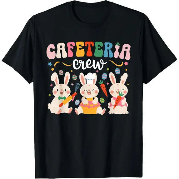 Adorable Retro Cafeteria Crew T-Shirt, Whimsical Easter Bunny Cooking Team, Funny Spring Culinary Work Apparel