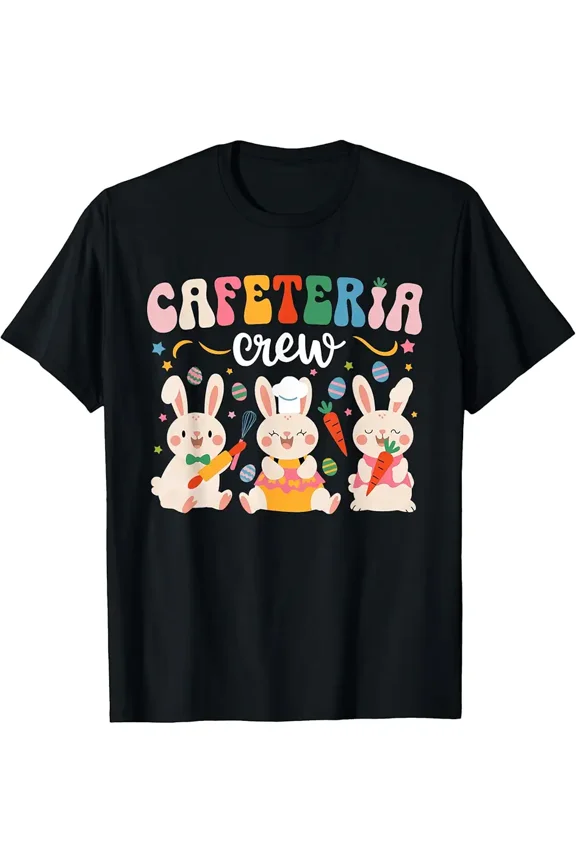 Adorable Retro Cafeteria Crew T-Shirt, Whimsical Easter Bunny Cooking Team, Funny Spring Culinary Work Apparel