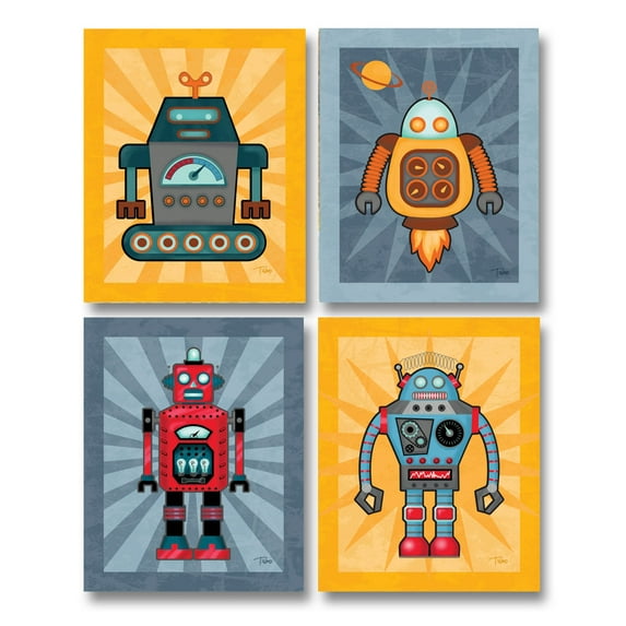Adorable Robot Poster Set; Kids Room Decor; Four 8x10in Mounted Prints