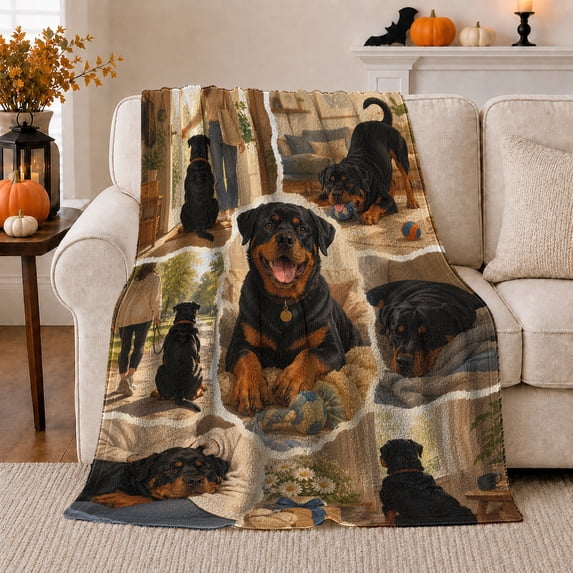 Adorable Rottweiler Puppy Collage, Playful Pet Portrait Pattern, Warm Flannel Blanket for Living Room and Bedroom, Dog Lovers Just Because Gift, Pet Lover Home Decor