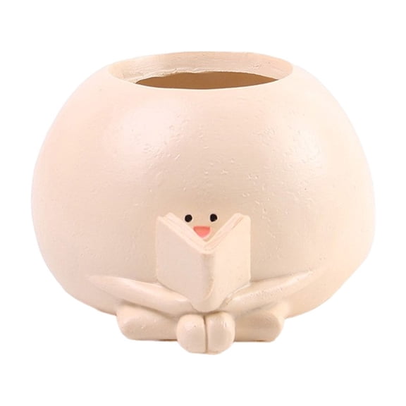 Adorable Round Ceramic Planter Pot with Cute Reading Character Design, Ideal for Succulents, Cacti, or Small Plants