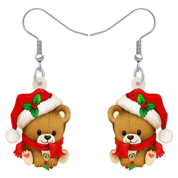 Adorable Santa Hat Bear Earrings Acrylic Cartoon Bear Dangle Jewelry For Women Christmas Party Gifts