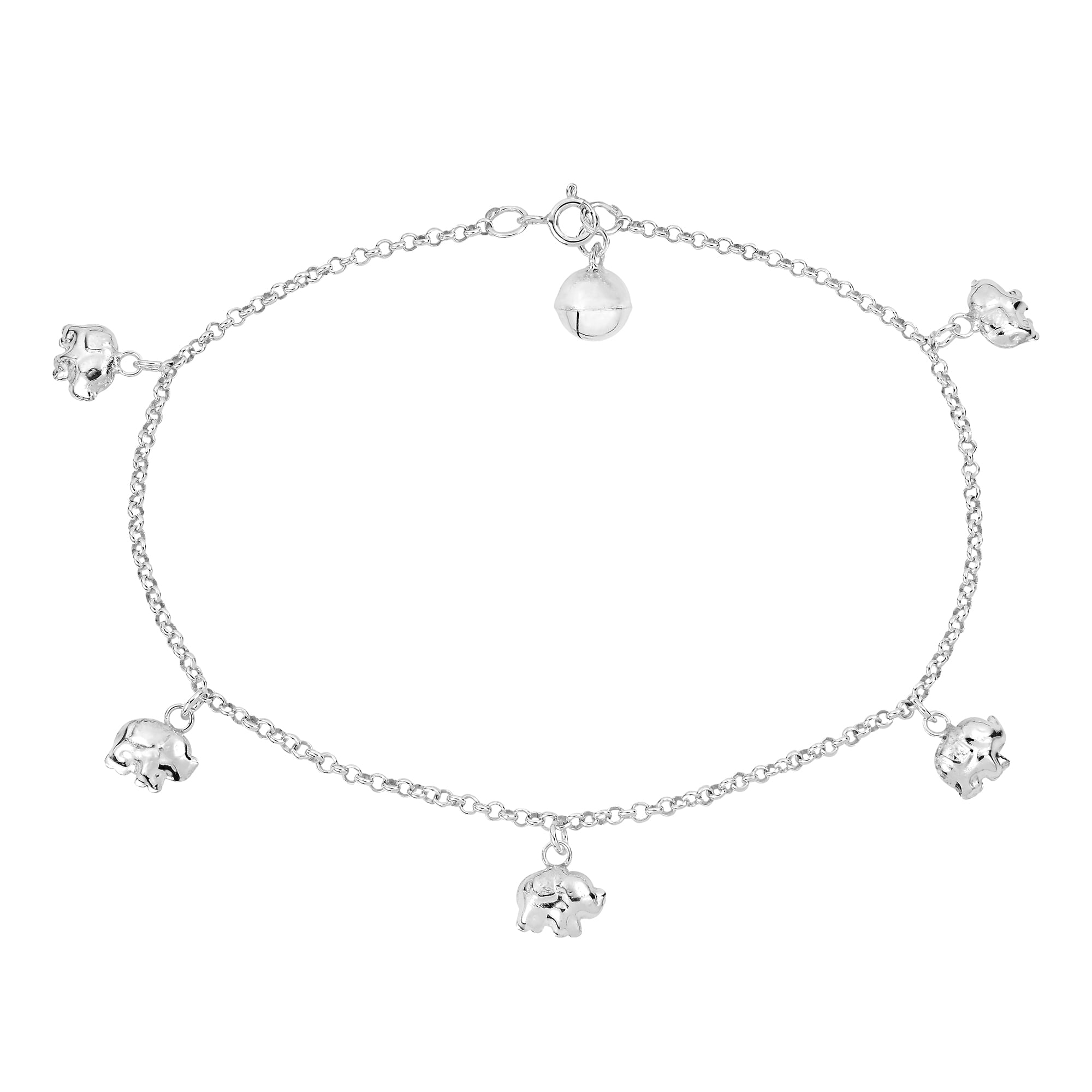 Adorable Shiny Elephant Jingle Bell Charm .925 Sterling Silver Anklet