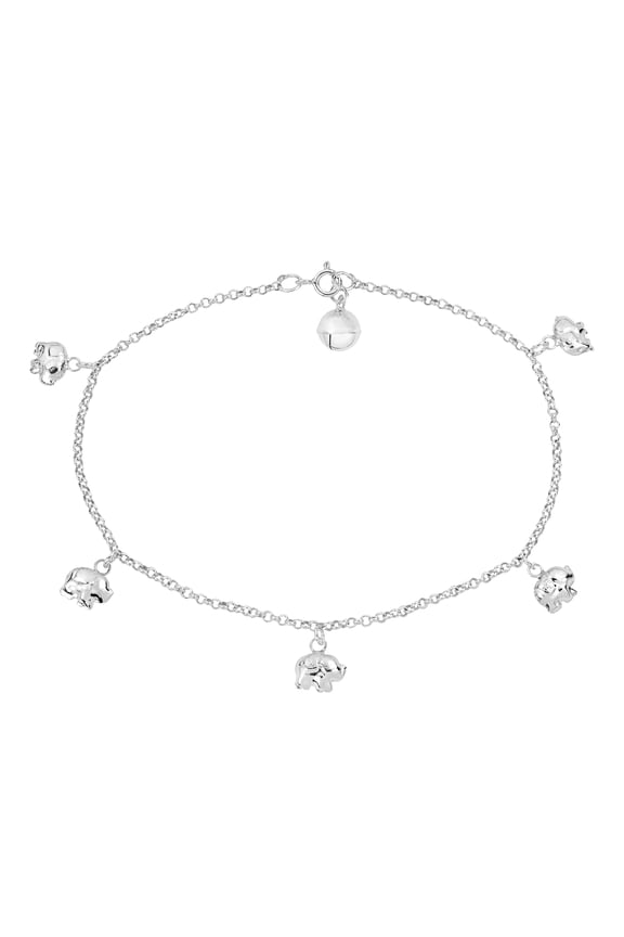 Adorable Shiny Elephant Jingle Bell Charm .925 Sterling Silver Anklet
