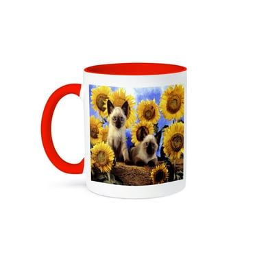 3dRose, Adorable Siamese Kittens n Sunflowers, 11oz Two-Tone Red Mug