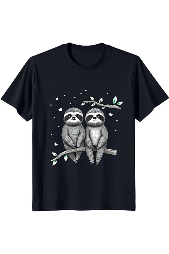 Adorable Sloths Cuddling on Branch Love & Companionship Graphic Black T-Shirt