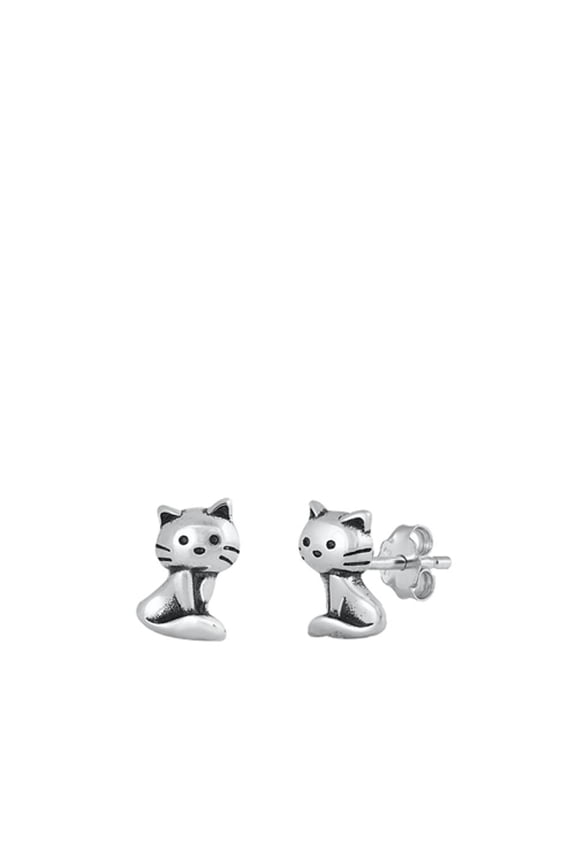 Adorable Small Cat Animal Stud Earrings Oxidized High Polished Pet Post 925 New Silver Jewelry Female