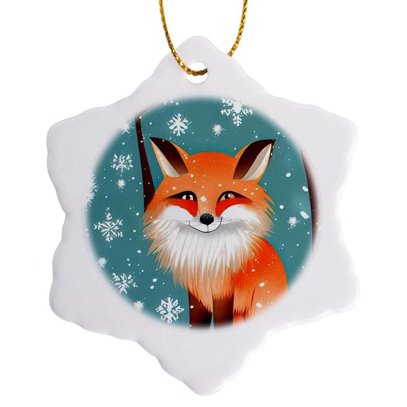 3drose, Adorable Smiling Red Fox in the Winter Forest. White Snowflakes. Gift, 3 inch Snowflake Porcelain Ornament