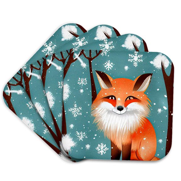 3drose, Adorable Smiling Red Fox in the Winter Forest. White Snowflakes. Gift, Set of 4 Coasters - Soft