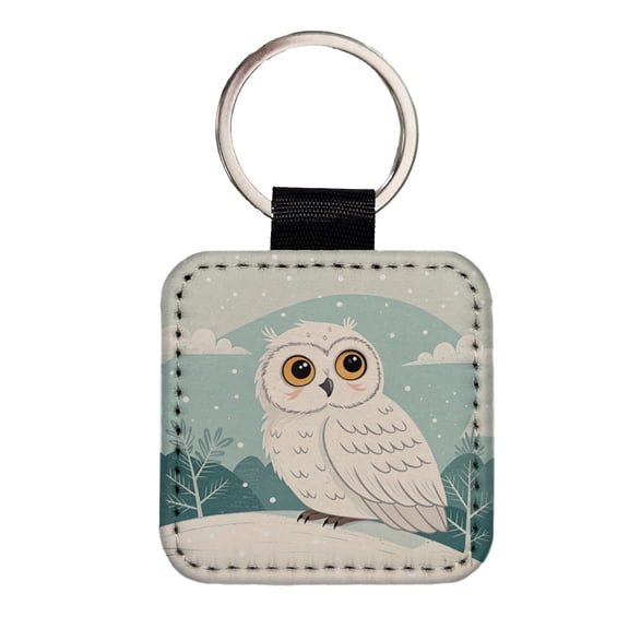 Adorable Snowy Owl Faux Leather Square Keychain