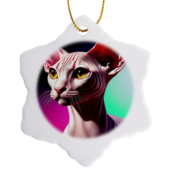 3drose, Adorable Sphynx Cat Portrait. Colorful Background. Digital Art Gift, 3 inch Snowflake Porcelain Ornament