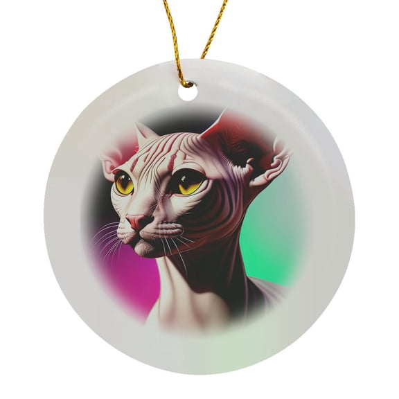 3drose, Adorable Sphynx Cat Portrait. Colorful Background. Digital Art Gift, Circle Porcelain Ornament