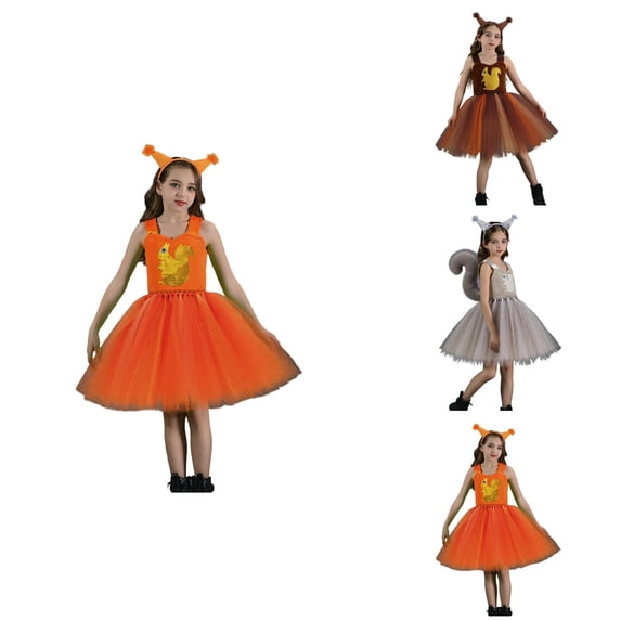 Adorable Squirrel Dress for Girls Stage Performance Play Pretend Tutu Outfit with Ears Headband and Tail, Princess-Themed Strawberry Halter Velvet Tulle Dress for Toddlers 5-6 Years
