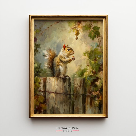 Adorable Squirrel Wall Art Rustic Autumn Animal Cozy, Unframed Paper Poster 11x14in