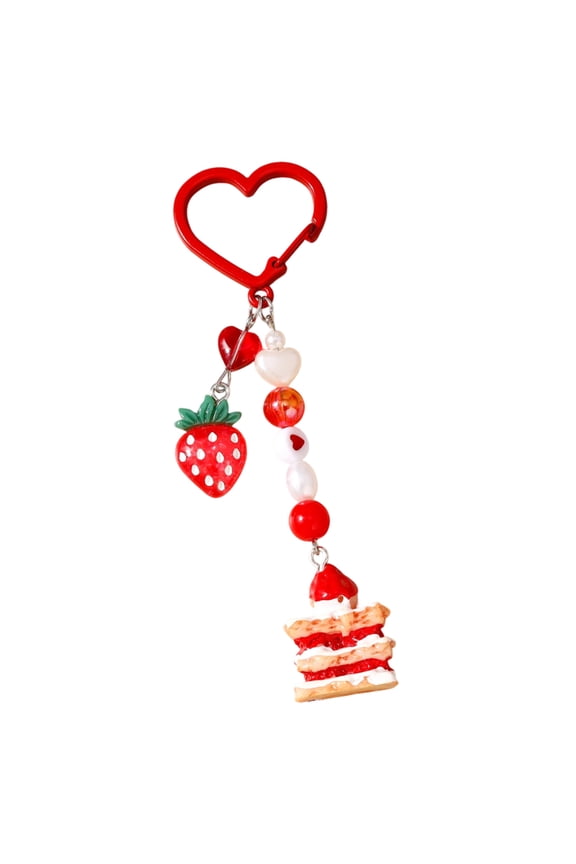 Adorable Strawberry Cake Keychain Heart Bead Decoration For Bags Backpacks Stylish Sweet Gift Fashion Jewelry Accessory