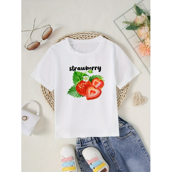 Adorable Strawberry Cartoon Graphic Girls' T-Shirt - Soft Pink Polyester Short Sleeve, Casual Crew Neck Summer Top with Juicy Fruit Design