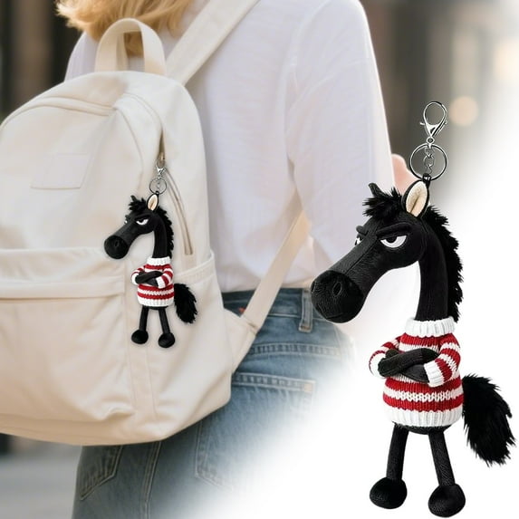 Adorable Sweater-Wearing Horse Keychain – Huggable Plush Charm with Attitude! Perfect Gift for Horse Lovers & Kawaii Fans (Red striped sweater)