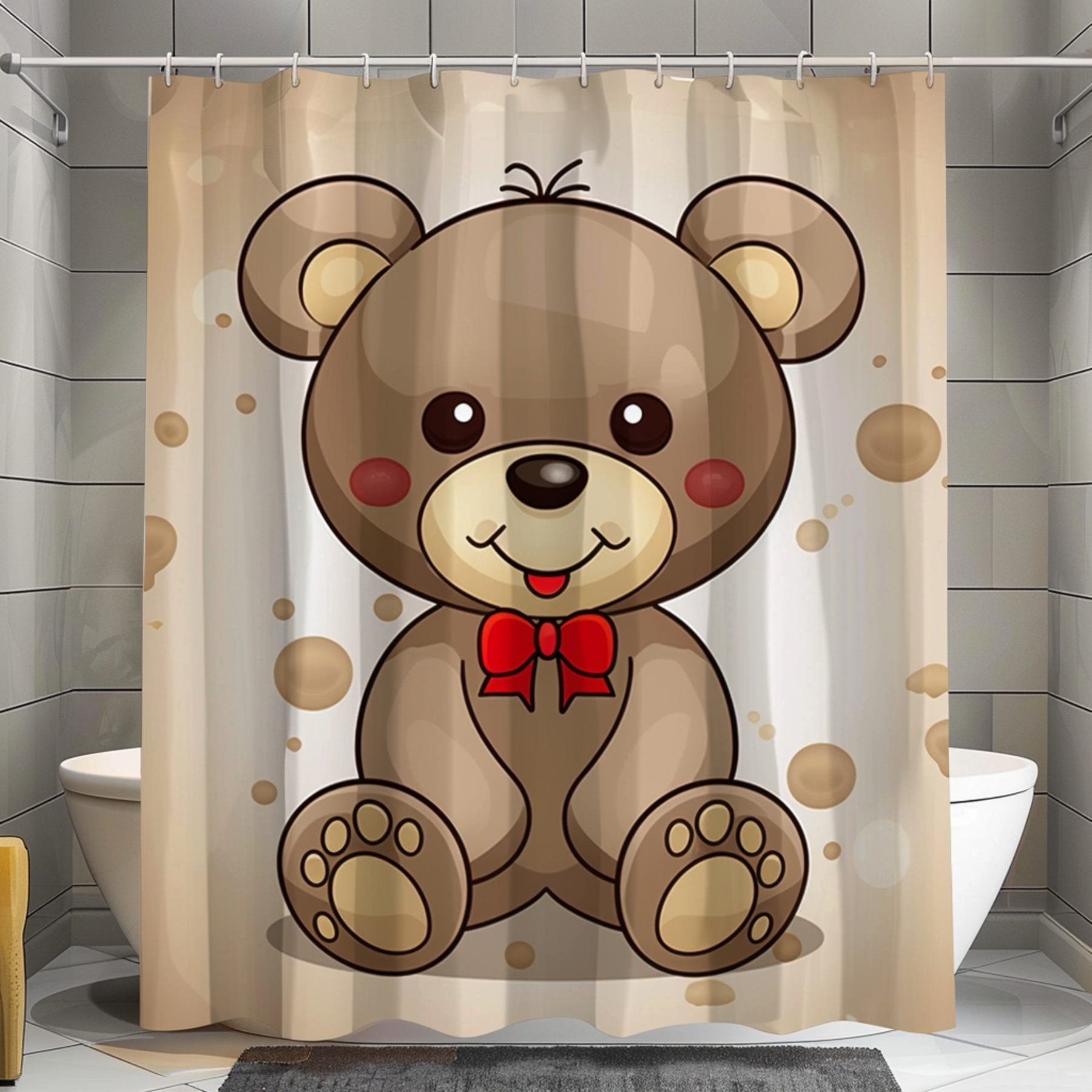 Adorable Teddy Bear Bathroom Curtain in Brown and Beige Detailed