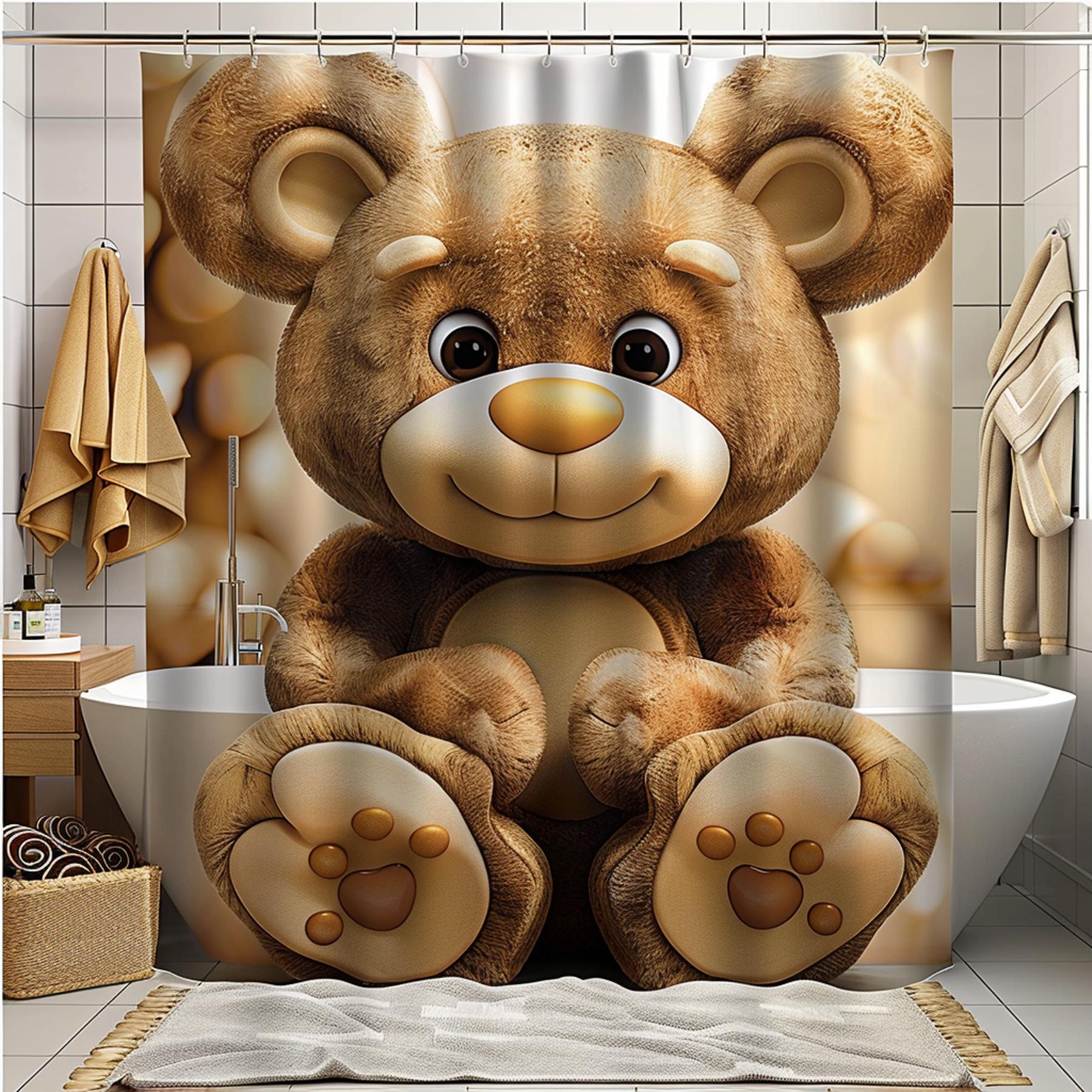 Adorable Teddy Bear Bathroom Decor Cartoon Style Shower Curtain with
